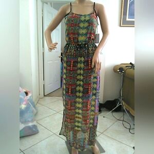 BNWT NOSTALGIA Multicolor Geometric Maxi Dress BOHO LOOK SZ. MED SLITS UNDER ARM